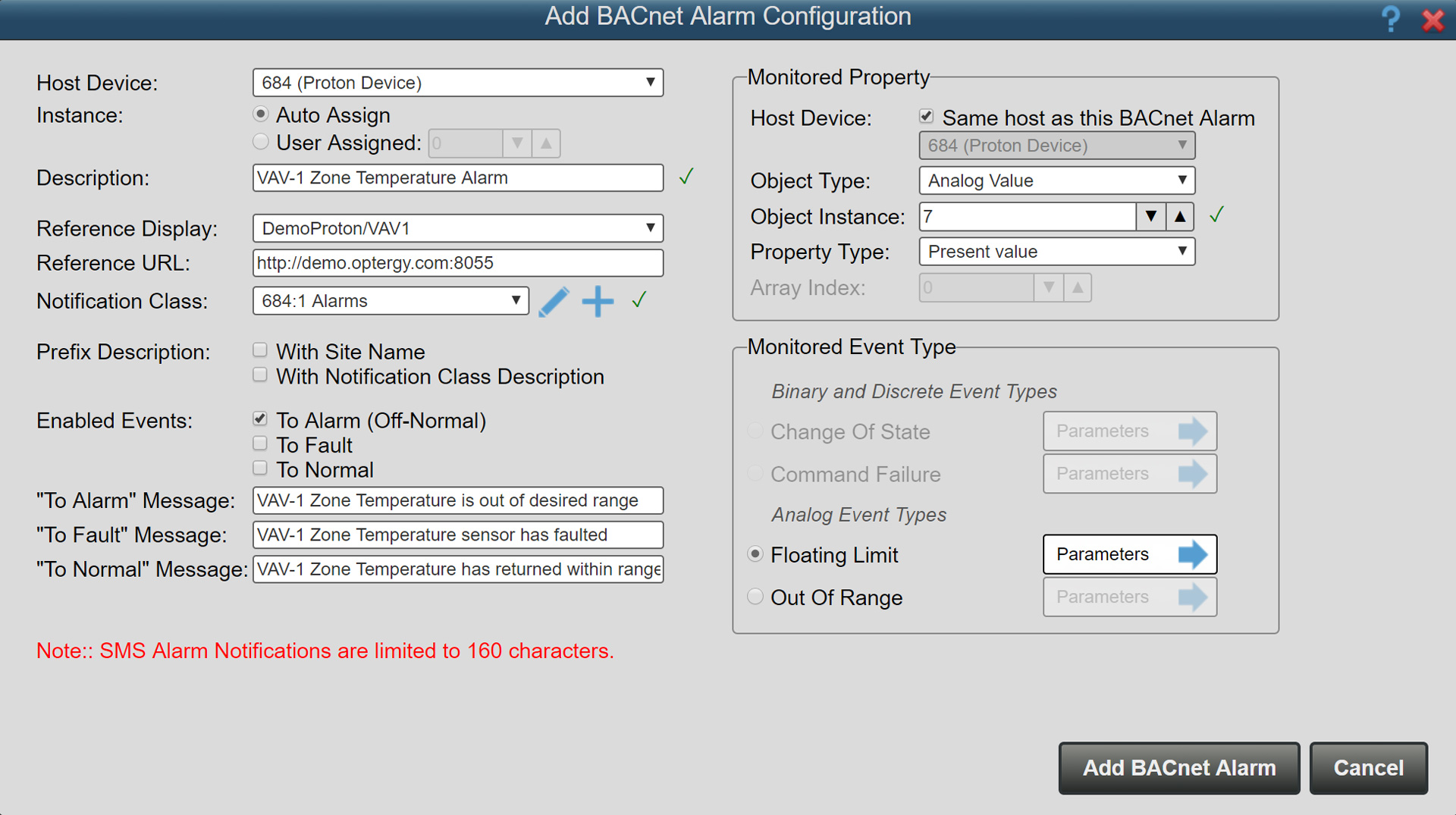 Add BACnet Alarm Configuration